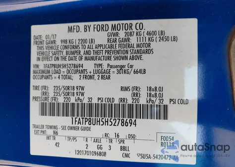 2017 Ford Mustang Ecoboost Premium из США, поврежденный, VIN 1FATP8UH5H5278694